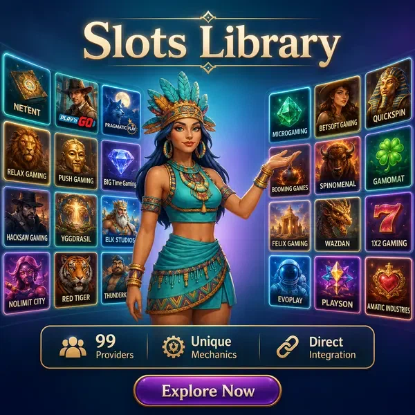 Rolldorado Casino curator presenting slots library mosaic with 99 providers and unique mechanics