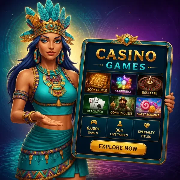 The Keeper of Springs presenting Rolldorado Casino games catalogue on glowing tablet