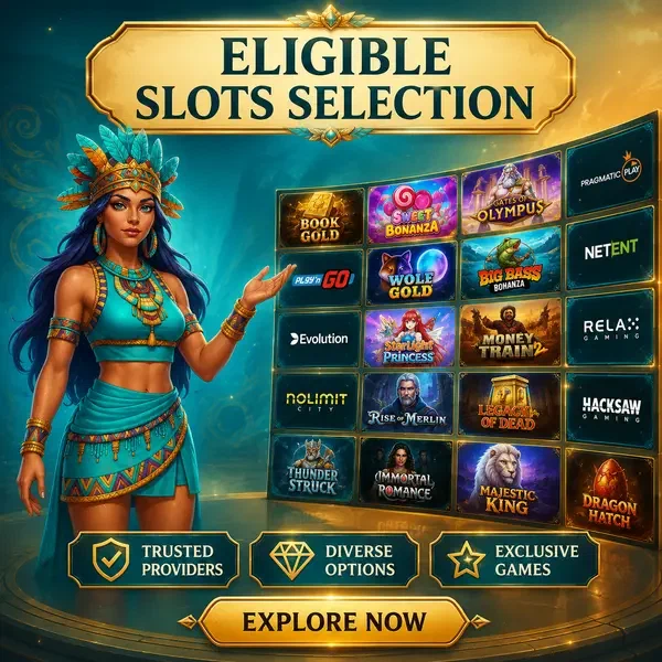 Serene woman presenting eligible slots and providers at trusted gaming selection wall